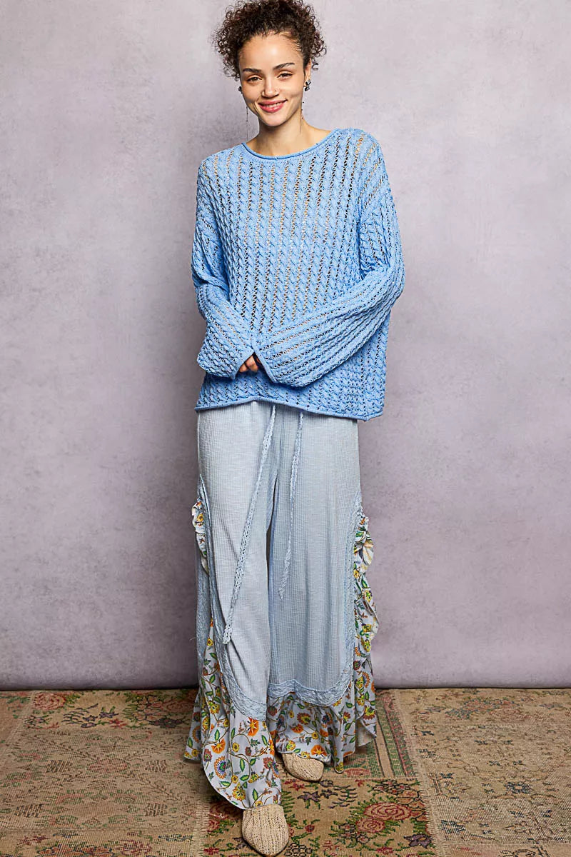 POL Openwork Round Neck Knit Top with Shiny Detail