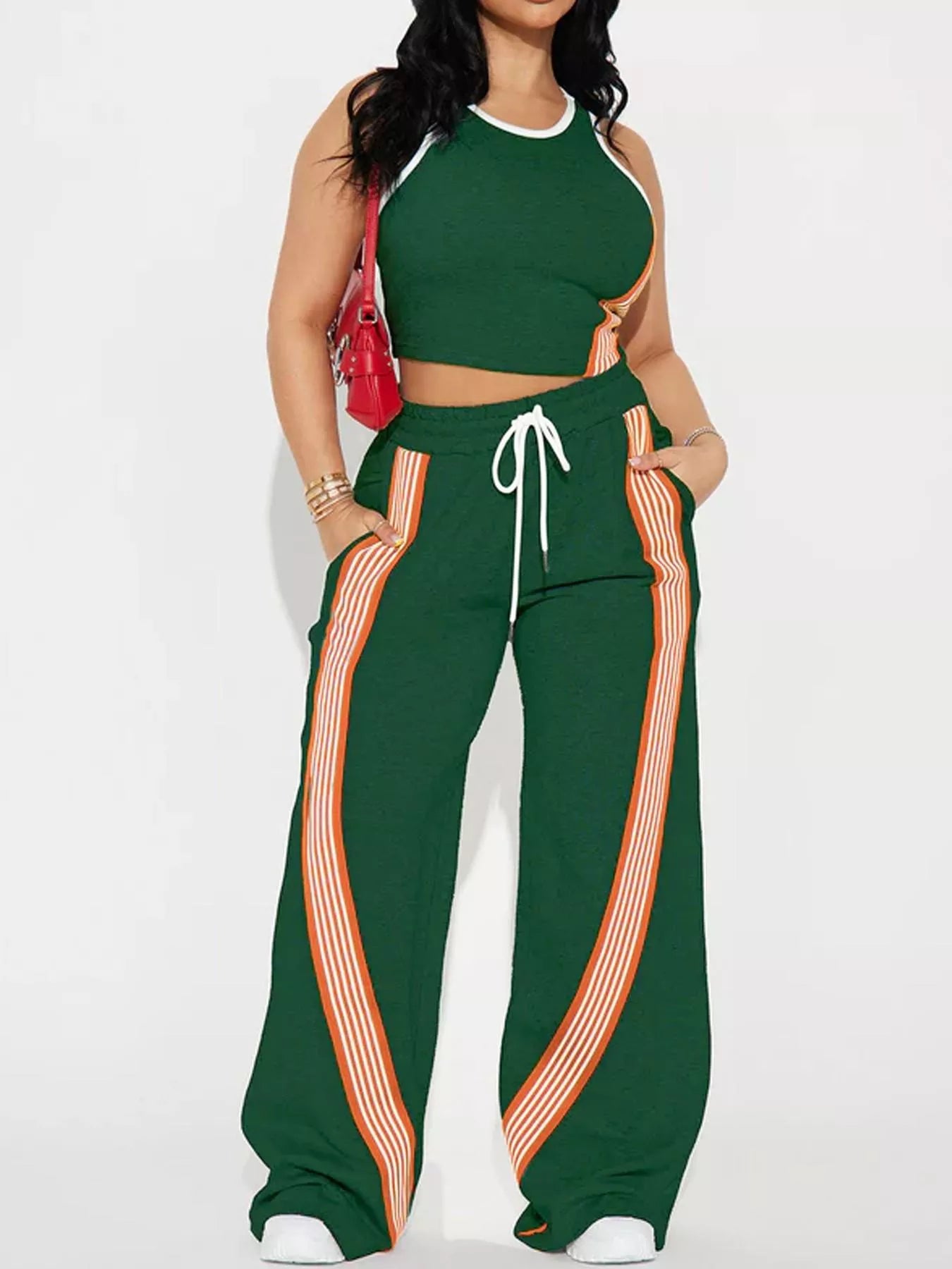 Striped Detail Top and Drawstring Pants Set