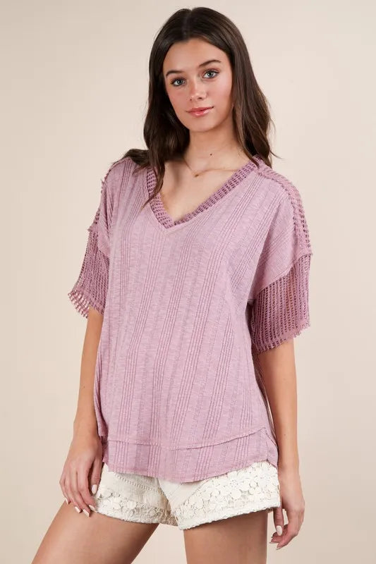 VERY J Oversized Contrast Knit Comfy Casual Top
