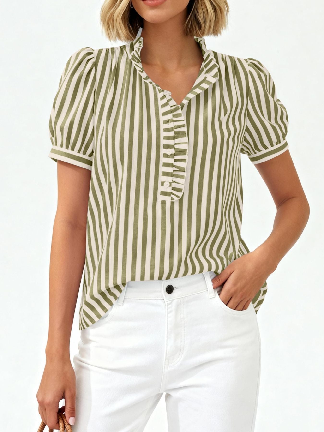 Frill Striped Puff Sleeve Blouse