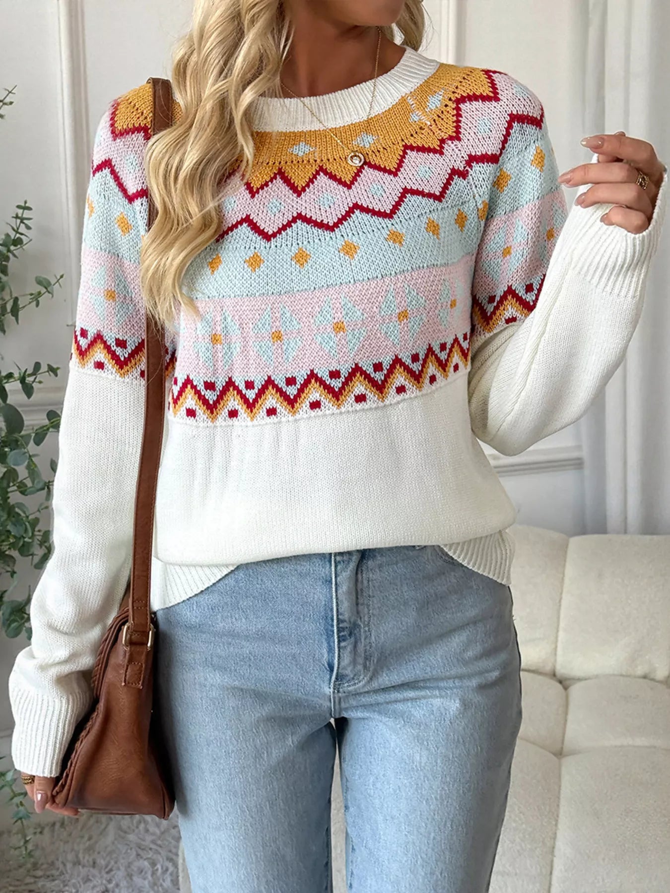 Geometric Round Neck Long Sleeve Sweater