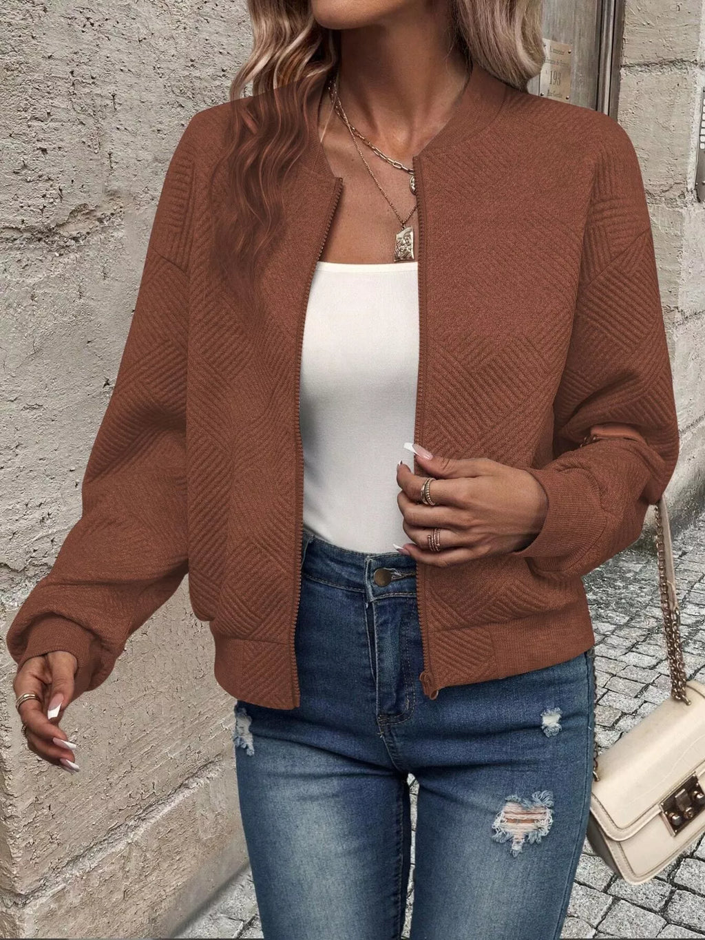 Zip-Up Textured Long Sleeve Jacket
