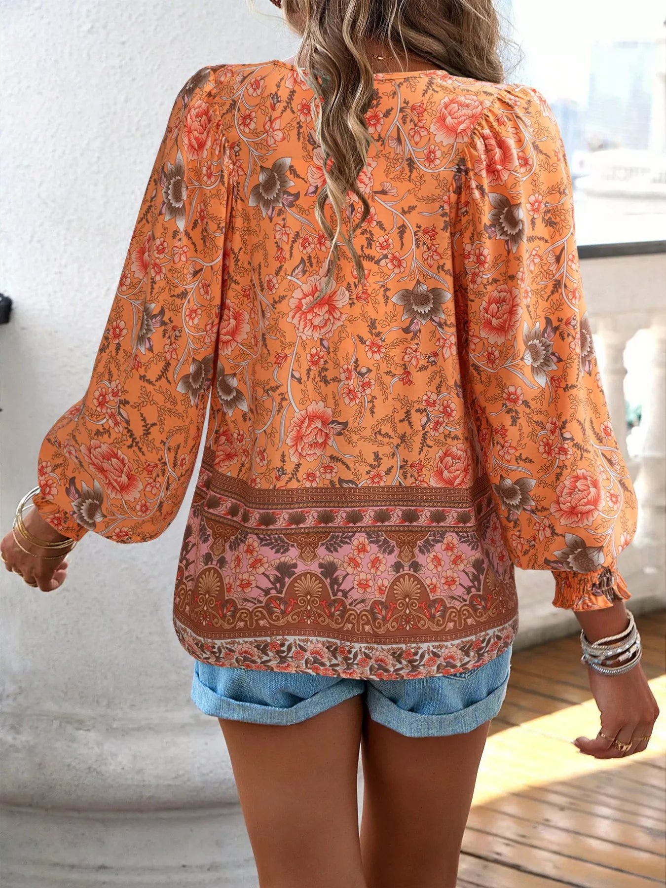 Floral Print Tie Neck Bohemian Blouse
