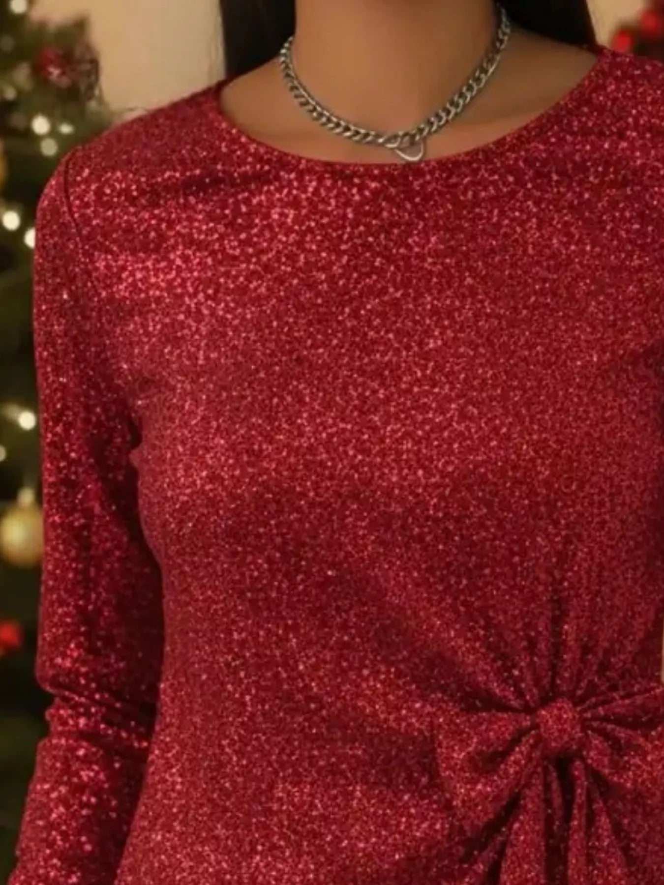 Full Size Sequin Bow-Knot Long Sleeve Top Plus Size