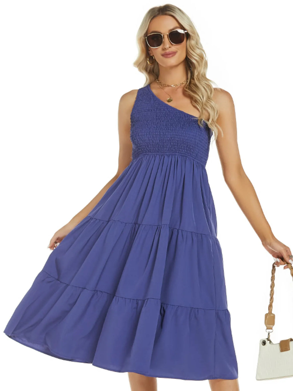 One-Shoulder Tiered Midi Dress with Smocked Bodice