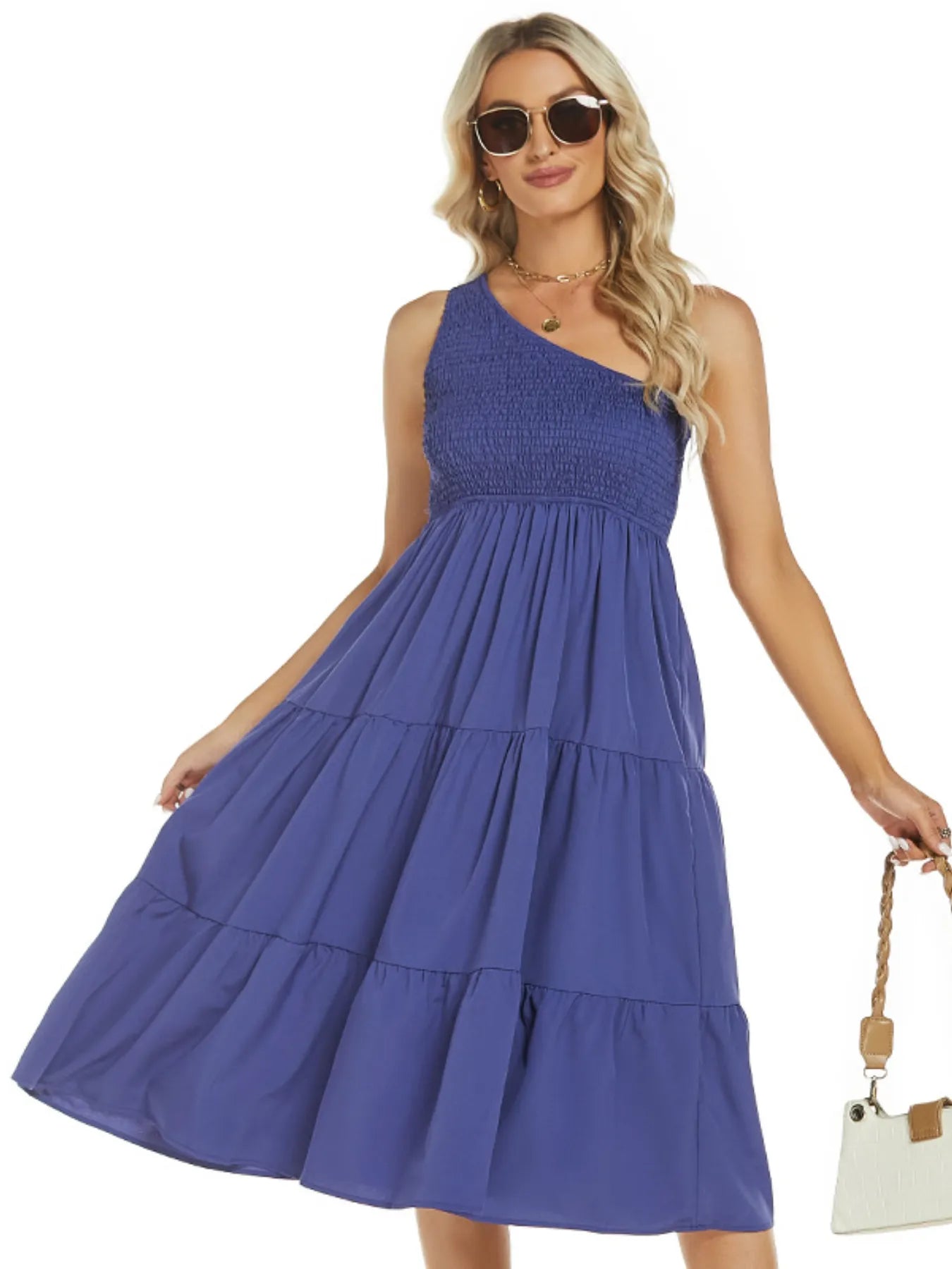 One-Shoulder Tiered Midi Dress with Smocked Bodice