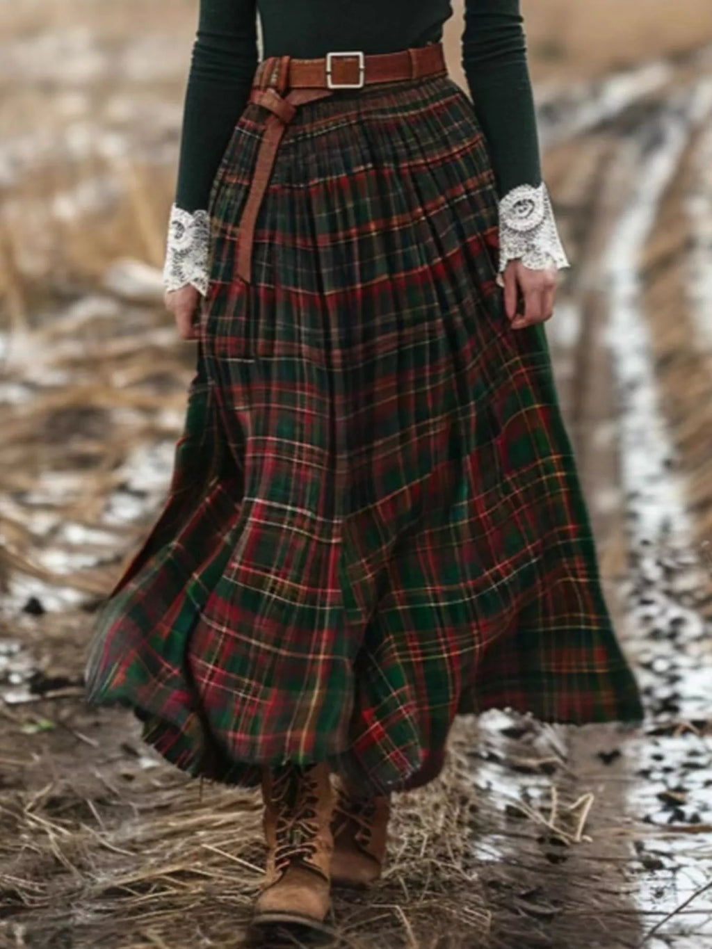 Plaid Maxi Dress with Lace Trim