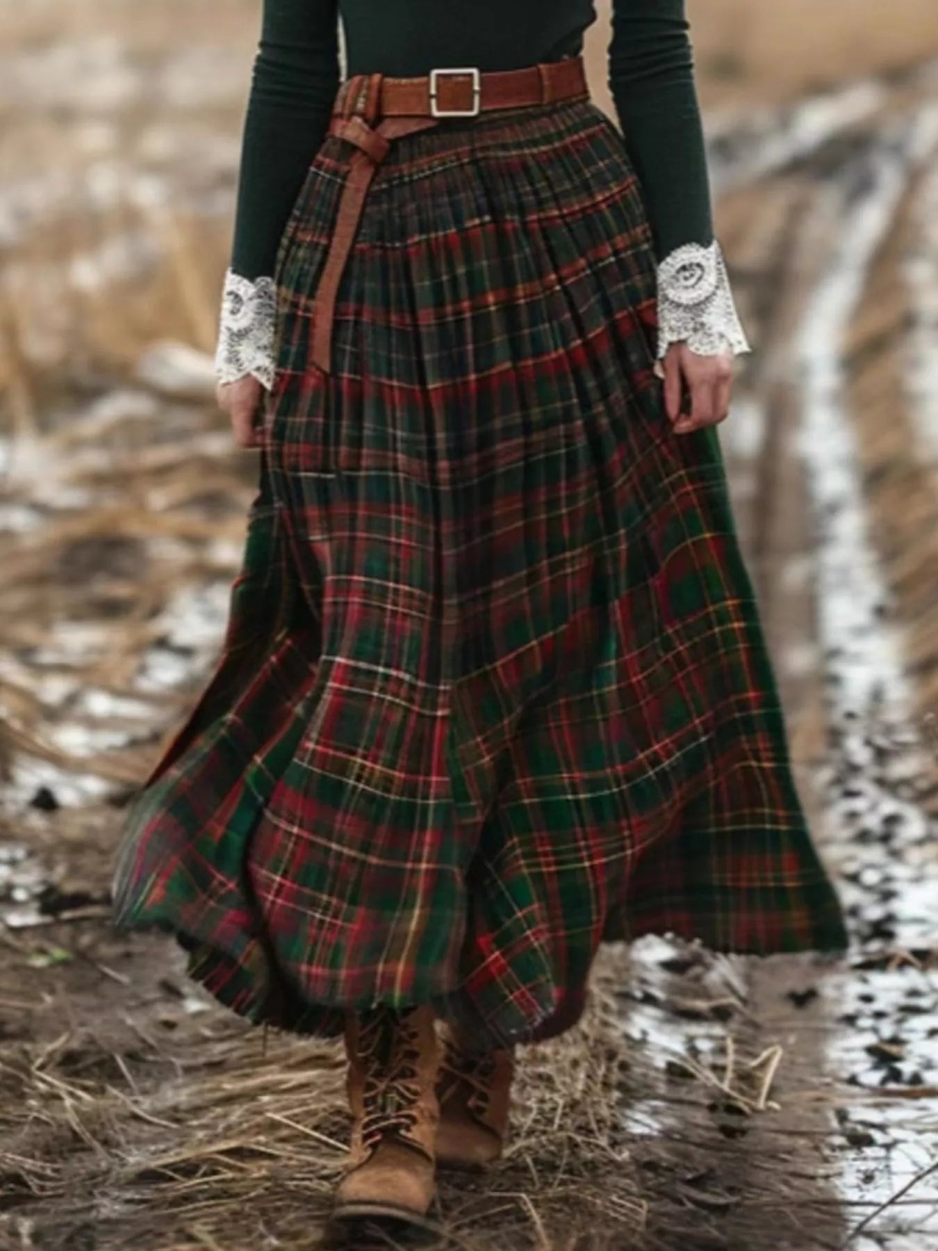 Plaid Maxi Dress with Lace Trim