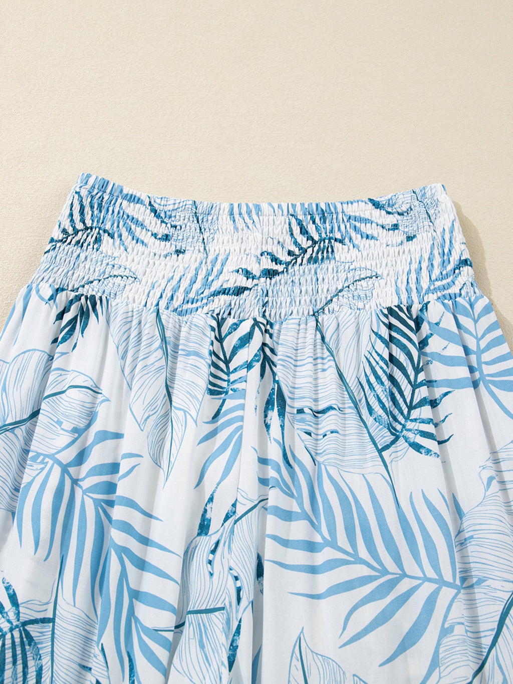 Tropical Print Shirred Waistband Wide Leg Pants