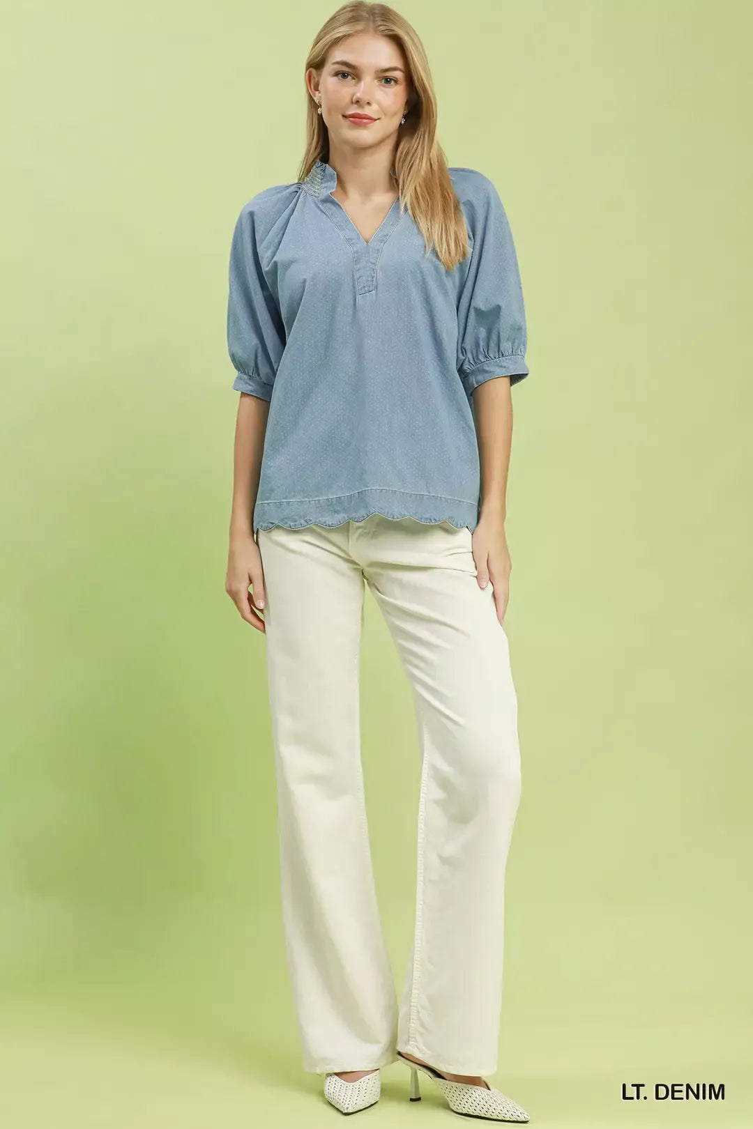 Umgee Textured Puff Sleeve Scallop Hem Blouse