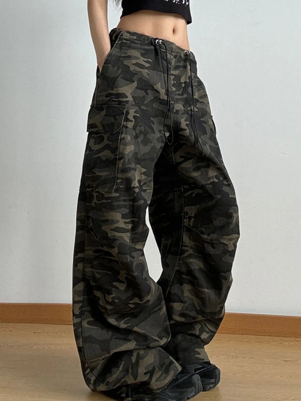 Drawstring Camouflage Cargo Wide Leg Jeans