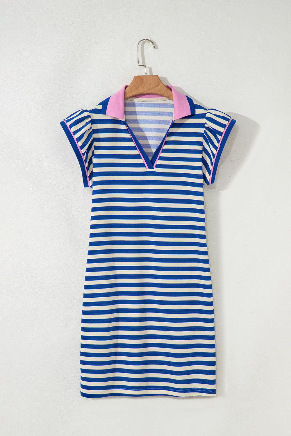Dark Blue Stripe Print Contrast Collar Split Neck Flutter Sleeve Short Dress