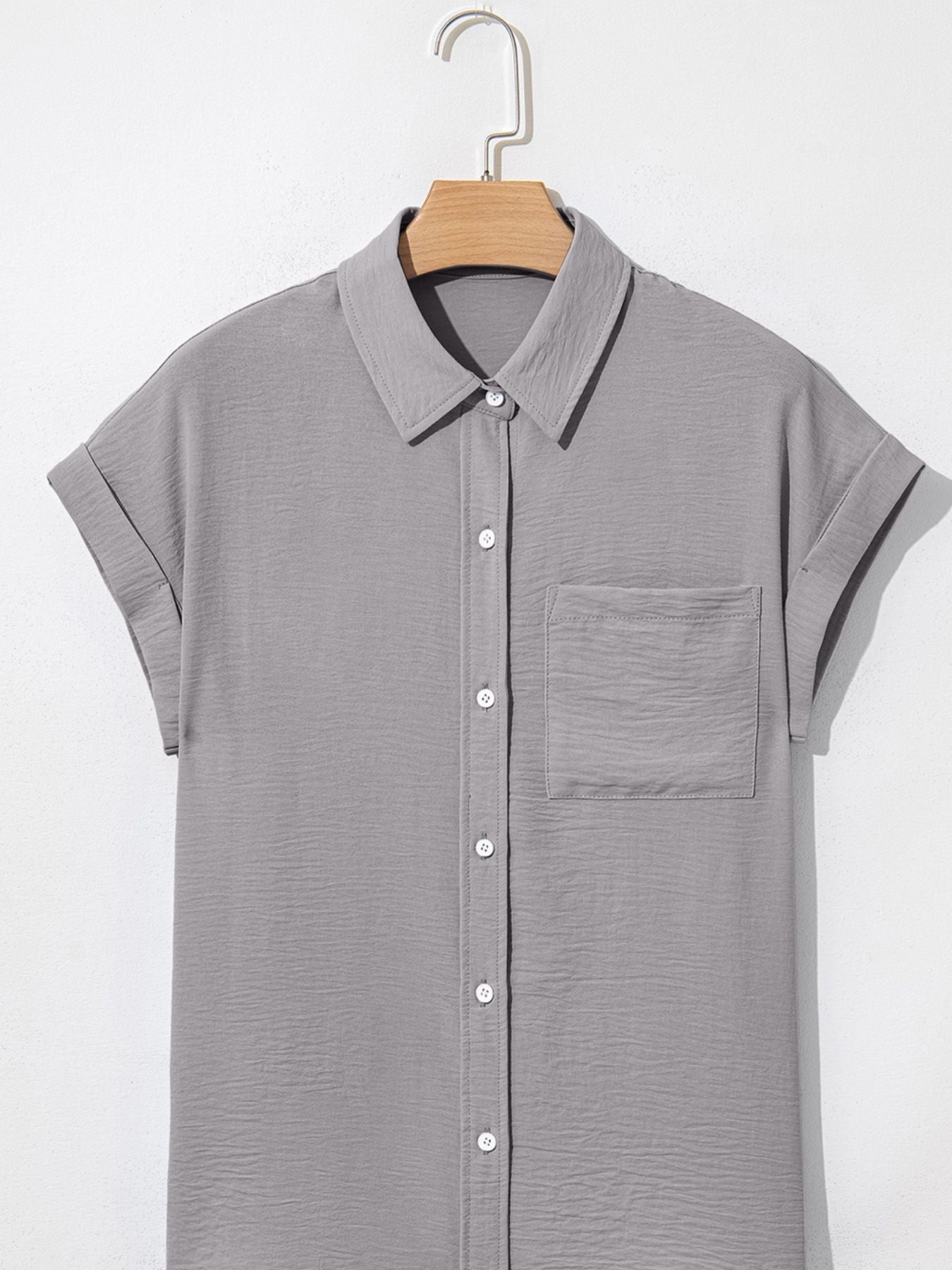 Solid Color Cuffed Short Sleeve Shirt