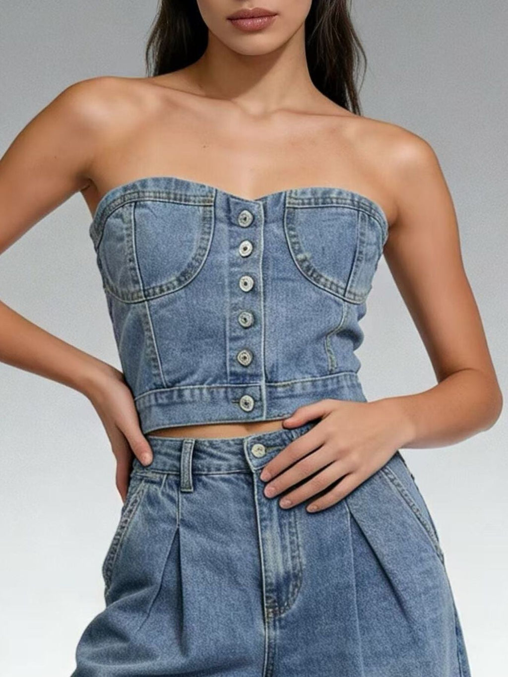 Button-Front Denim Tube Top