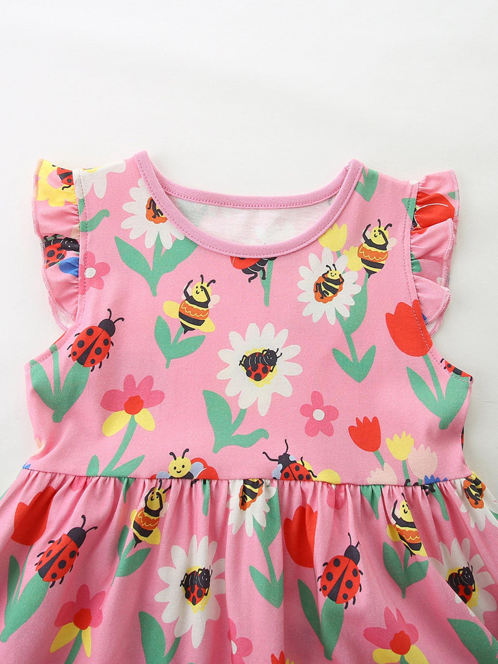 Children's Floral & Insect Print Ruffle Sleeve Casual Dress