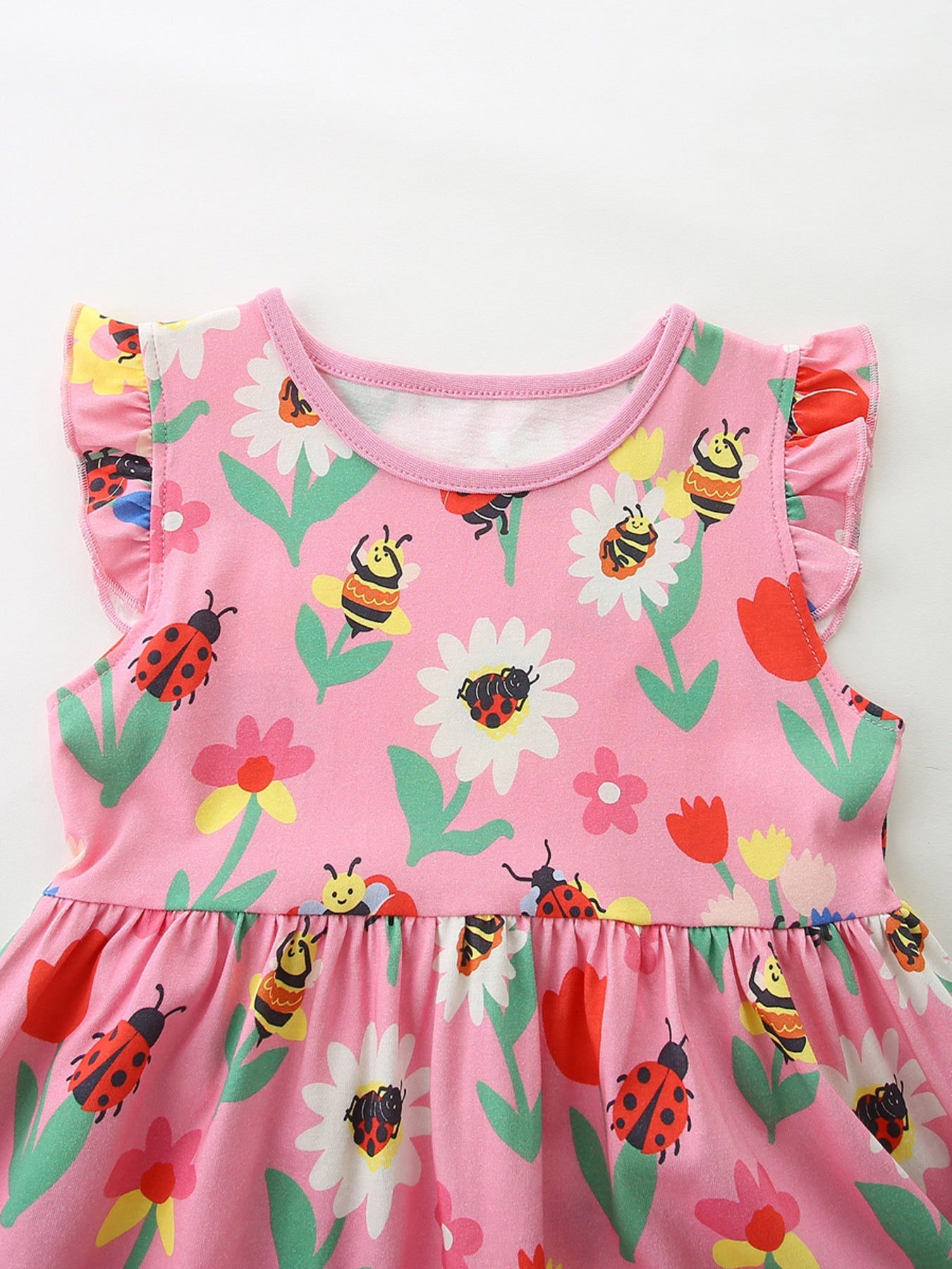 Children's Floral & Insect Print Ruffle Sleeve Casual Dress