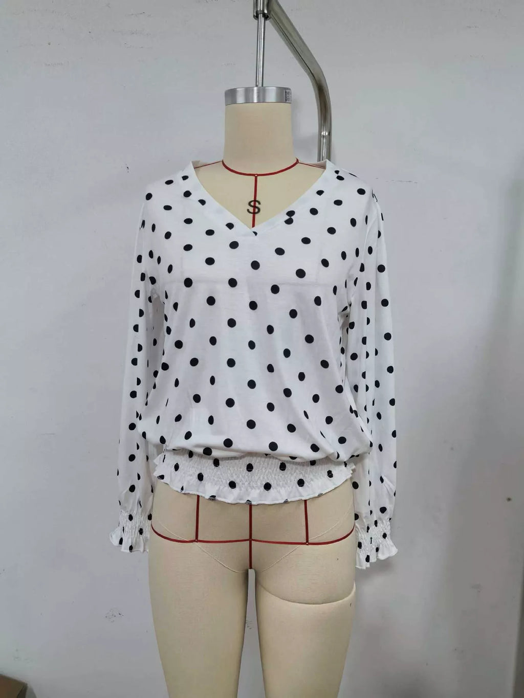 Polka Dot V-Neck Smocked Blouse