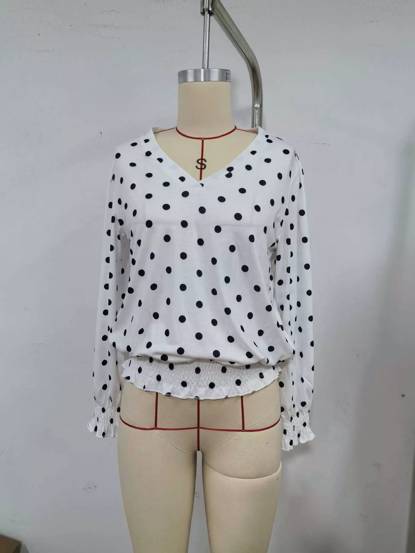 Polka Dot V-Neck Smocked Blouse