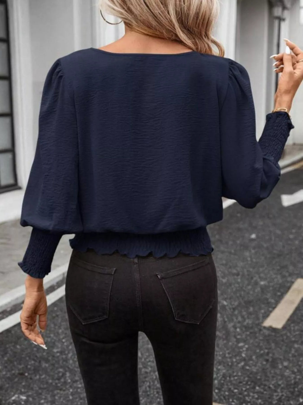 Smocked Waist Round Neck Blouse