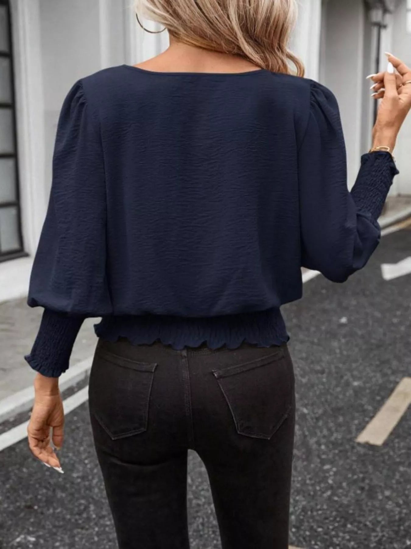 Smocked Waist Round Neck Blouse