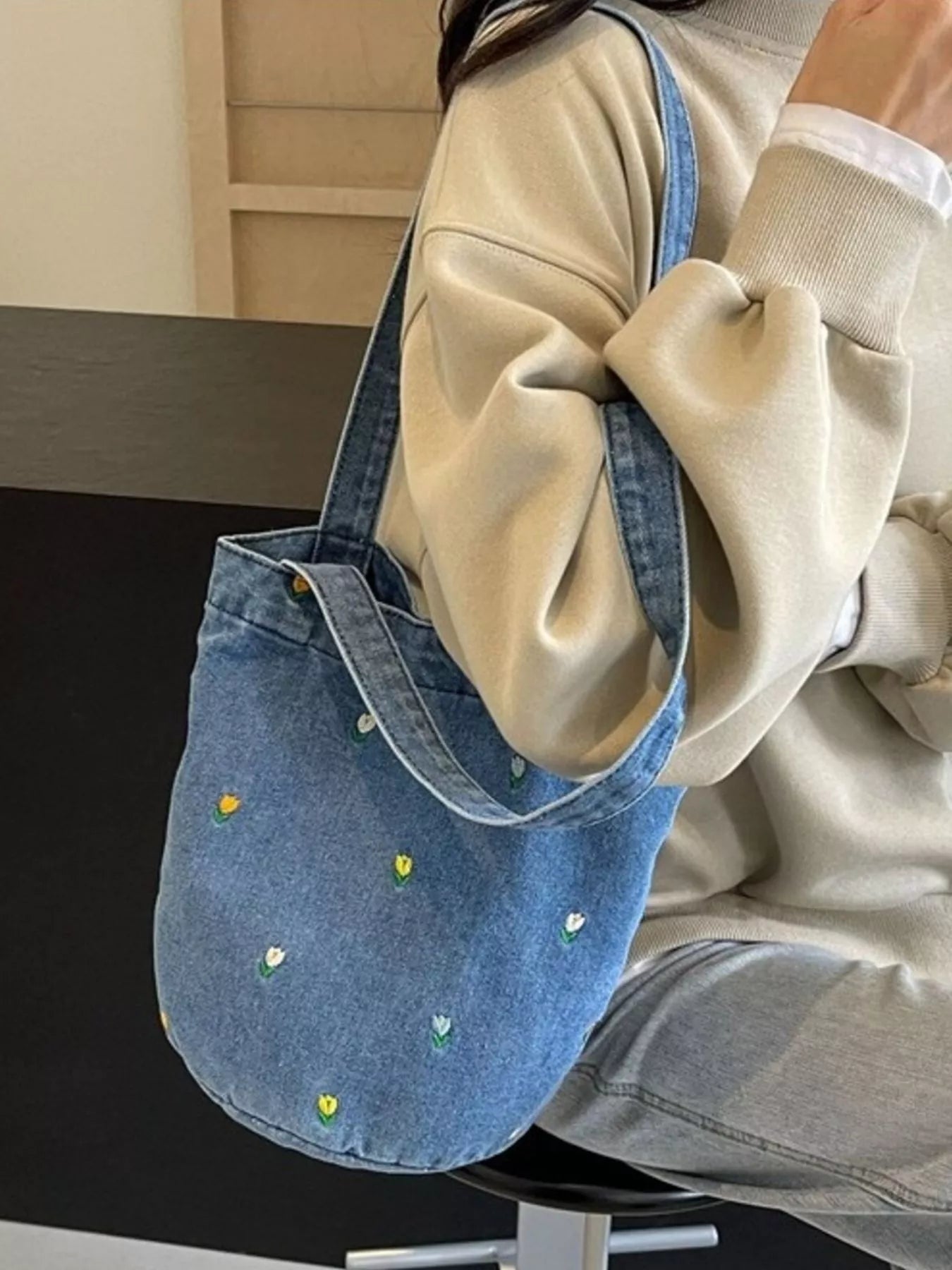 Floral Embroidered Denim Handbag