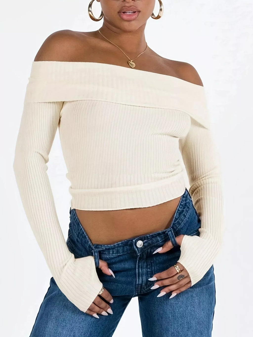 Off-Shoulder Ribbed Knit Sweater