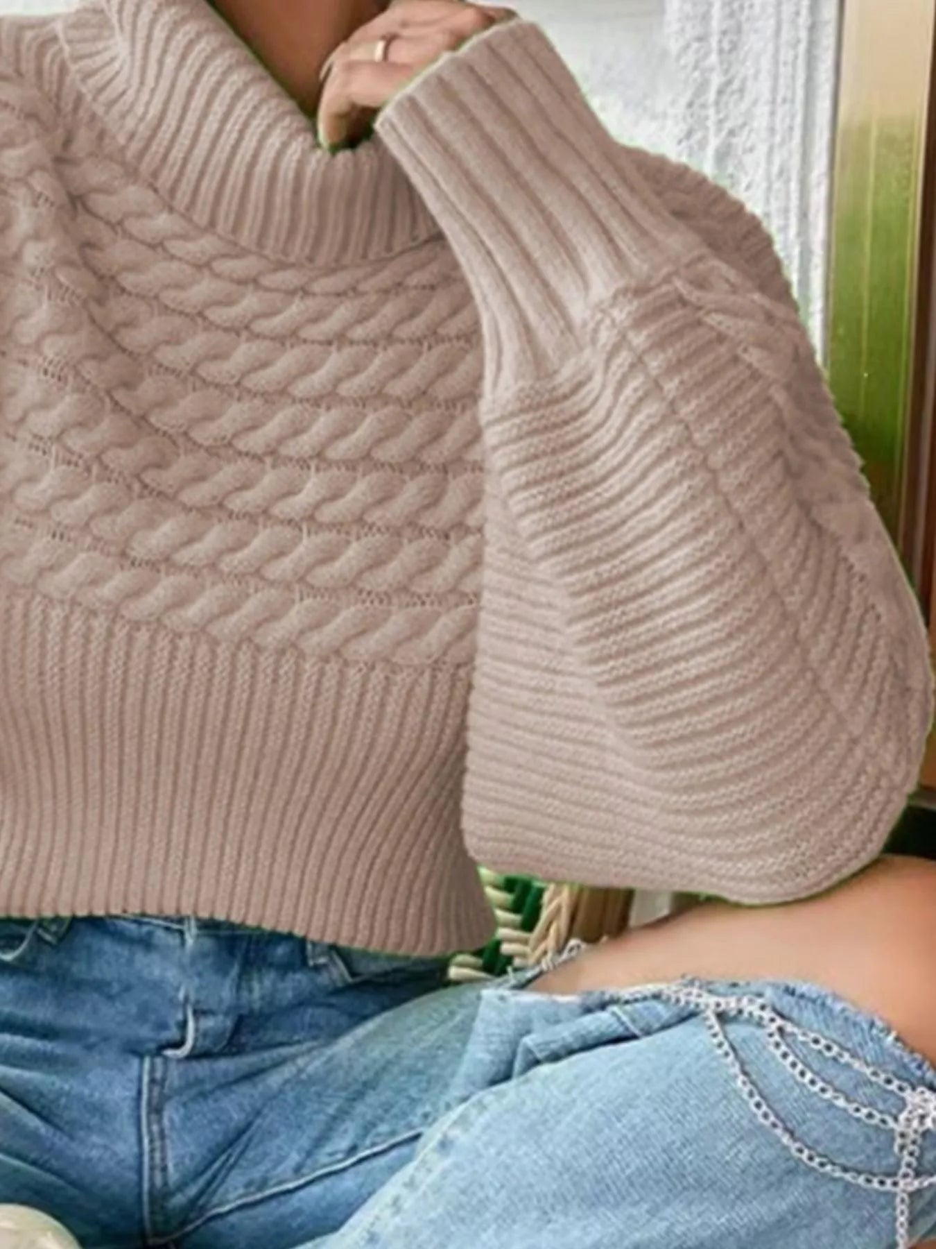 Textured Knit Turtleneck Long Sleeve Sweater