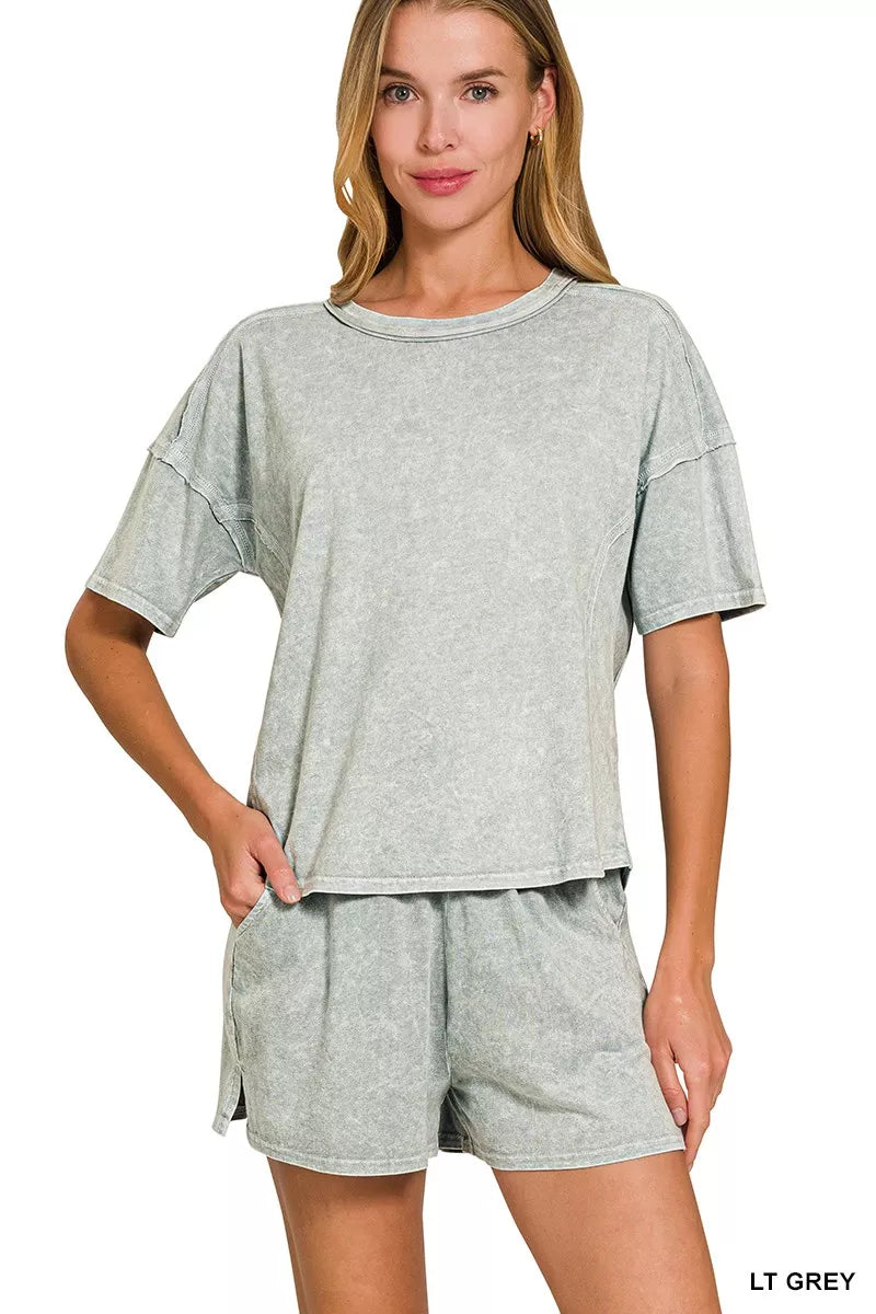 Zenana Halo Snow Washed Short Sleeve Tee and Shorts Set