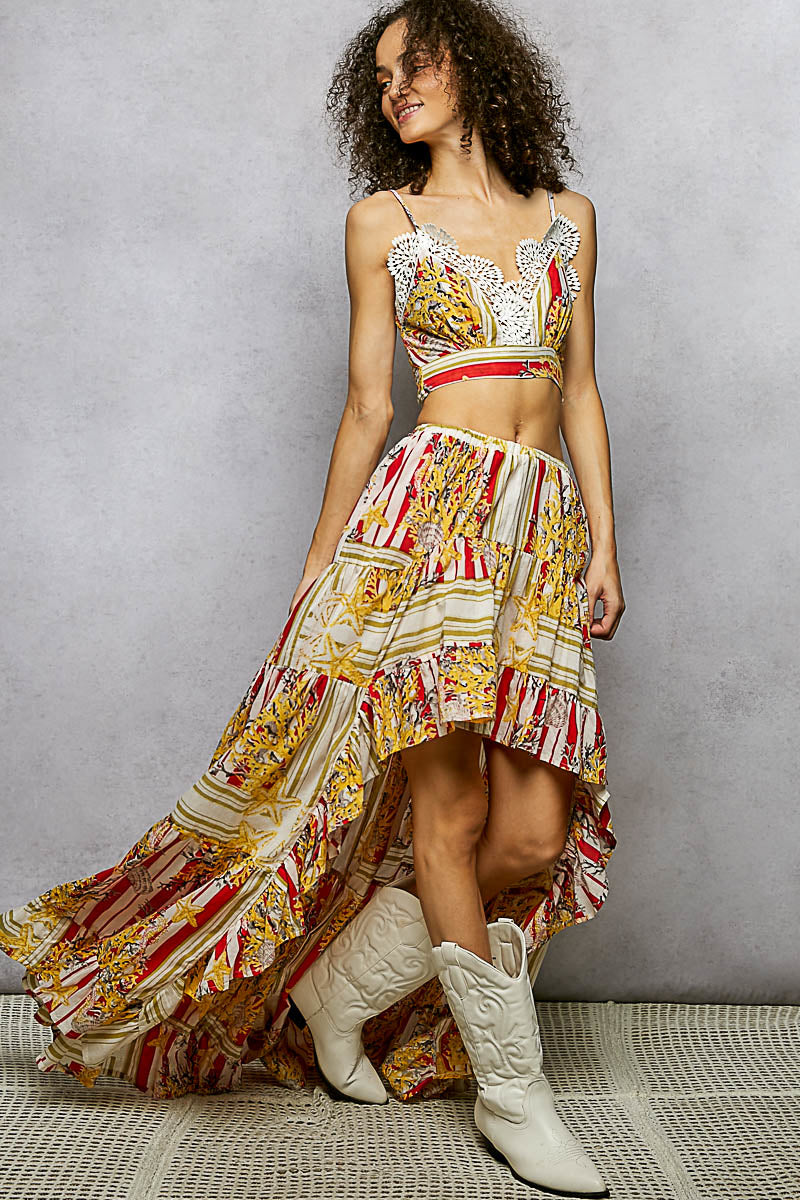 POL Boho Chic Floral Print Crop Top and High-Low Skirt Set