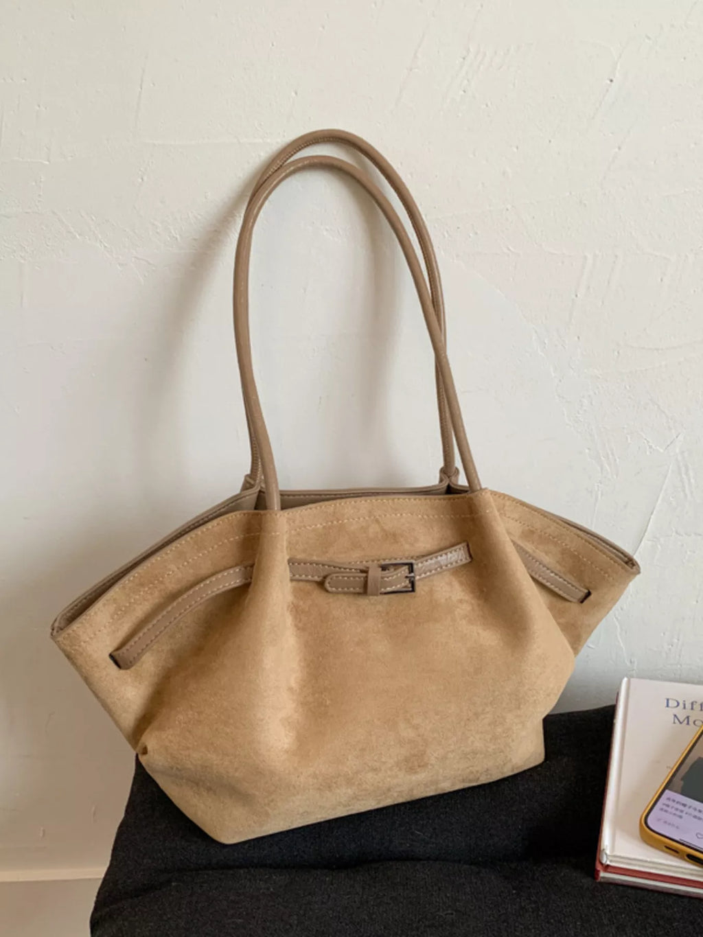 Solid Color Buckle Tote Bag