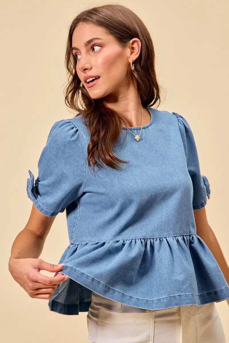 SO ME Denim Bow Detail Short Sleeves Peplum Top