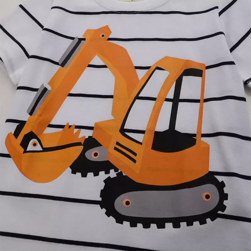 Children's Striped Excavator Round Neck T-Shirt