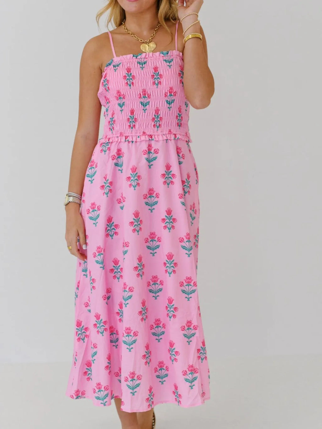 Floral Smocked Adjustable Strap Midi Cami Dress