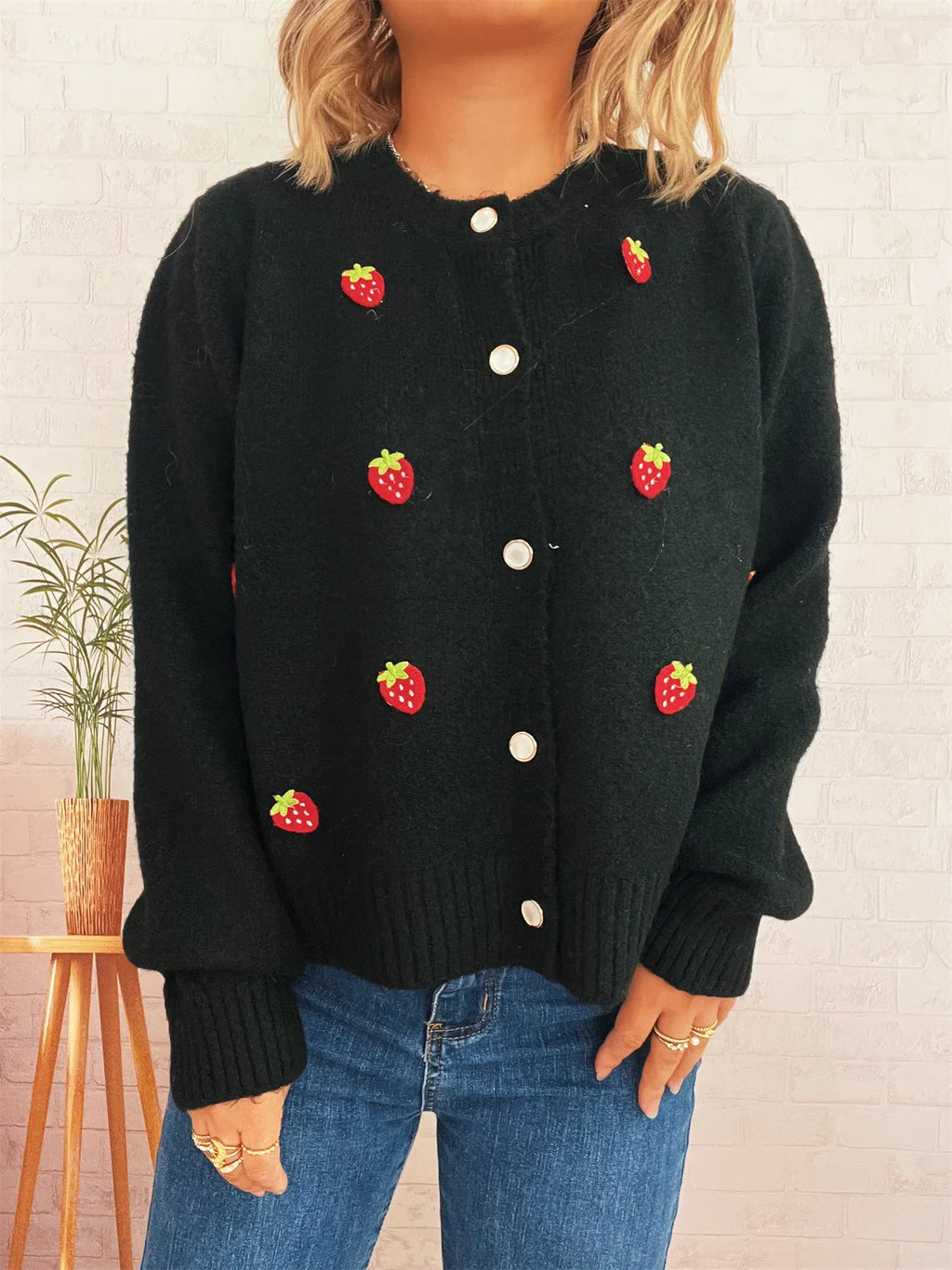 Strawberry Button Up Long Sleeve Cardigan