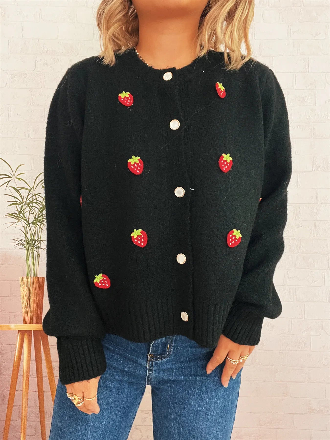 Strawberry Button Up Long Sleeve Cardigan