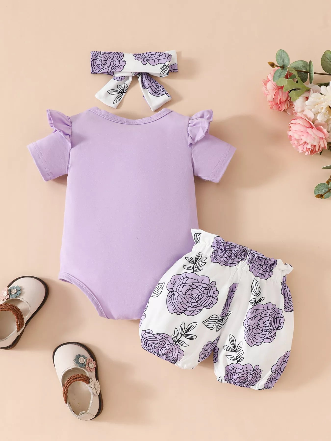 Children's Ruffled Bodysuit and Floral Shorts Set with Headband