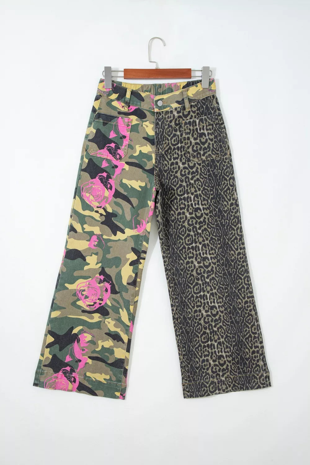 Multicolour Retro Floral Leopard Contrast Patchwork Raw Hem Jeans