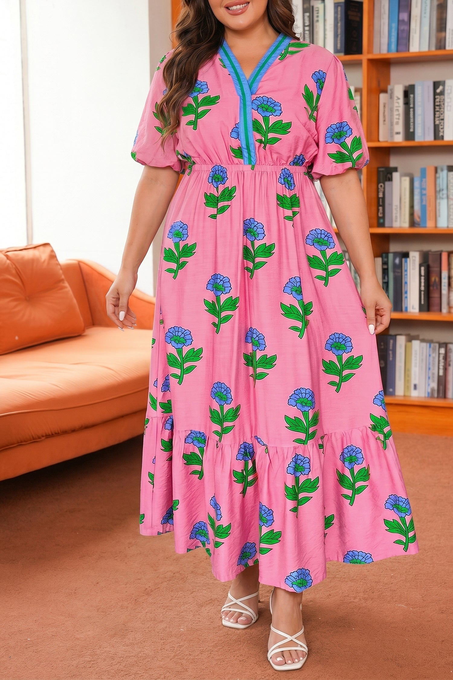 Plus Size Floral Stripe V-Neck Ruffle Maxi Dress