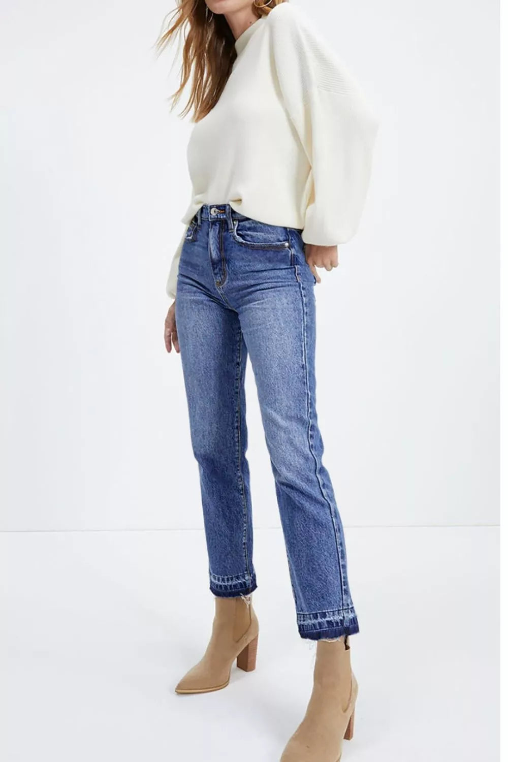 Whiskered Wash Raw Hem Cropped Jeans