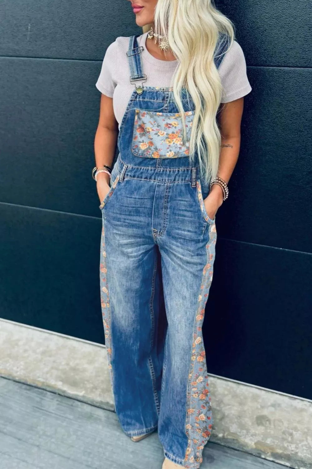 Vintage Rose Printed Pleated Loose Denim Overall