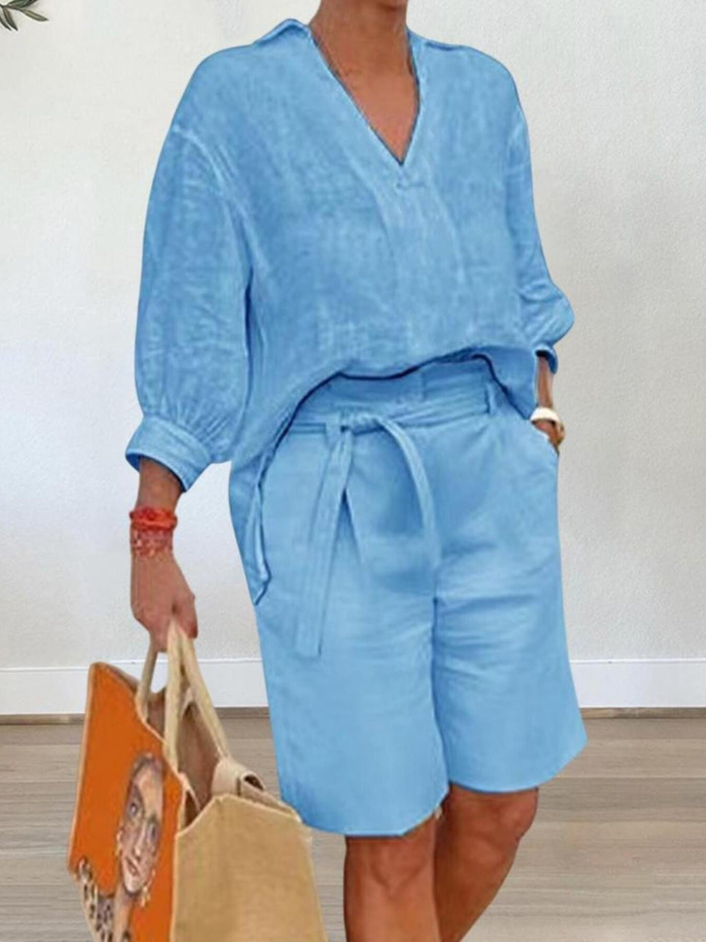 Full Size Johnny Collar 3/4 Sleeve Top and Shorts Set Plus Size