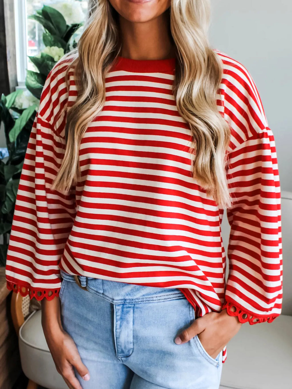 Striped Print Drop Shoulder Lace Trim Loose Top