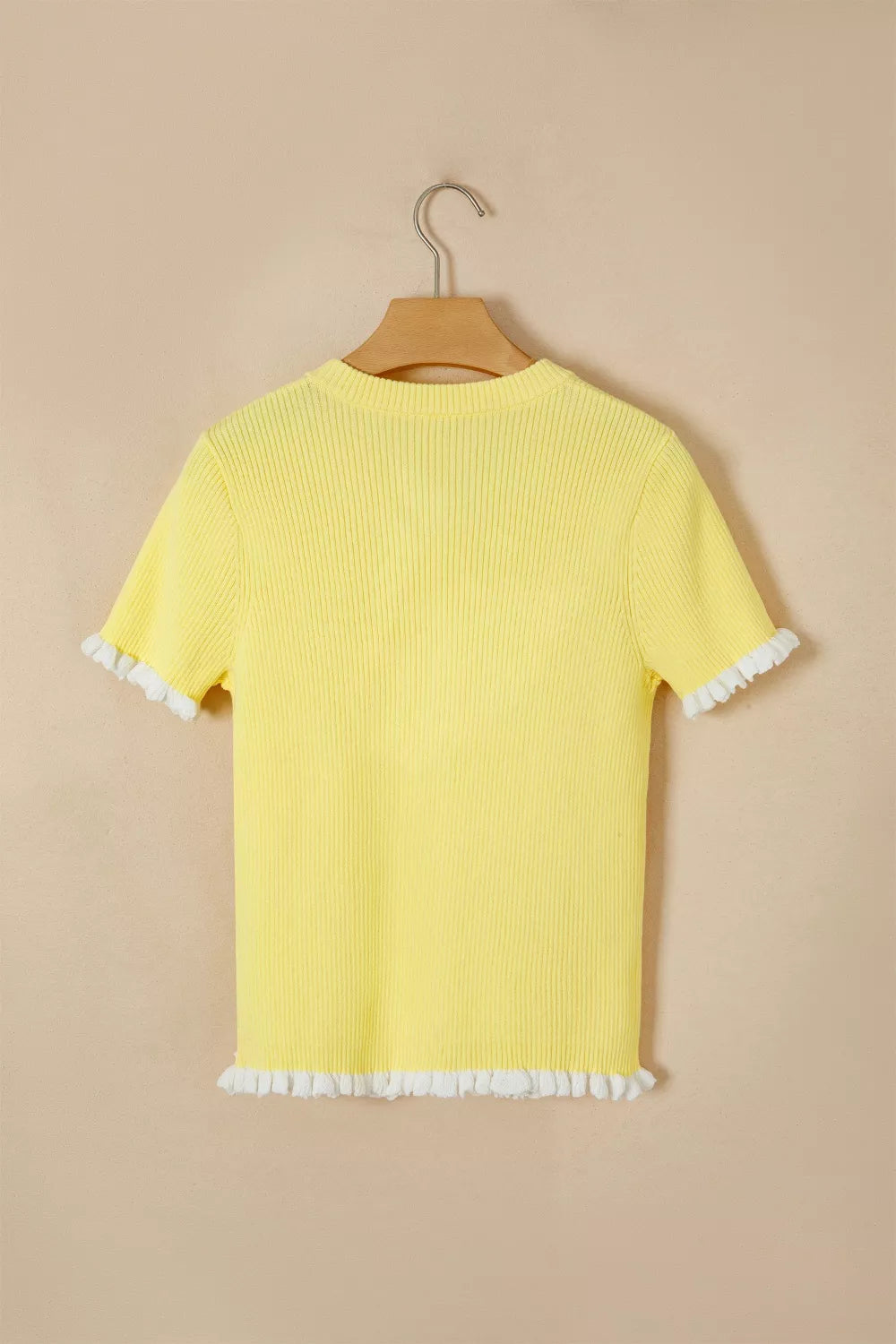 Ribbed Knit Contrast Frilled Short Sleeve Sweater Cardigan