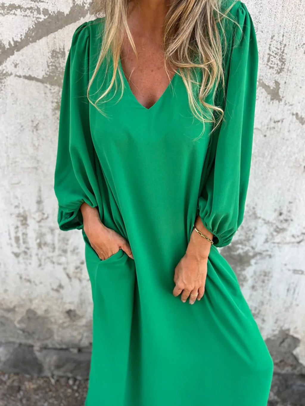 Full Size Slit V-Neck Balloon Sleeve Midi Dress Plus Size