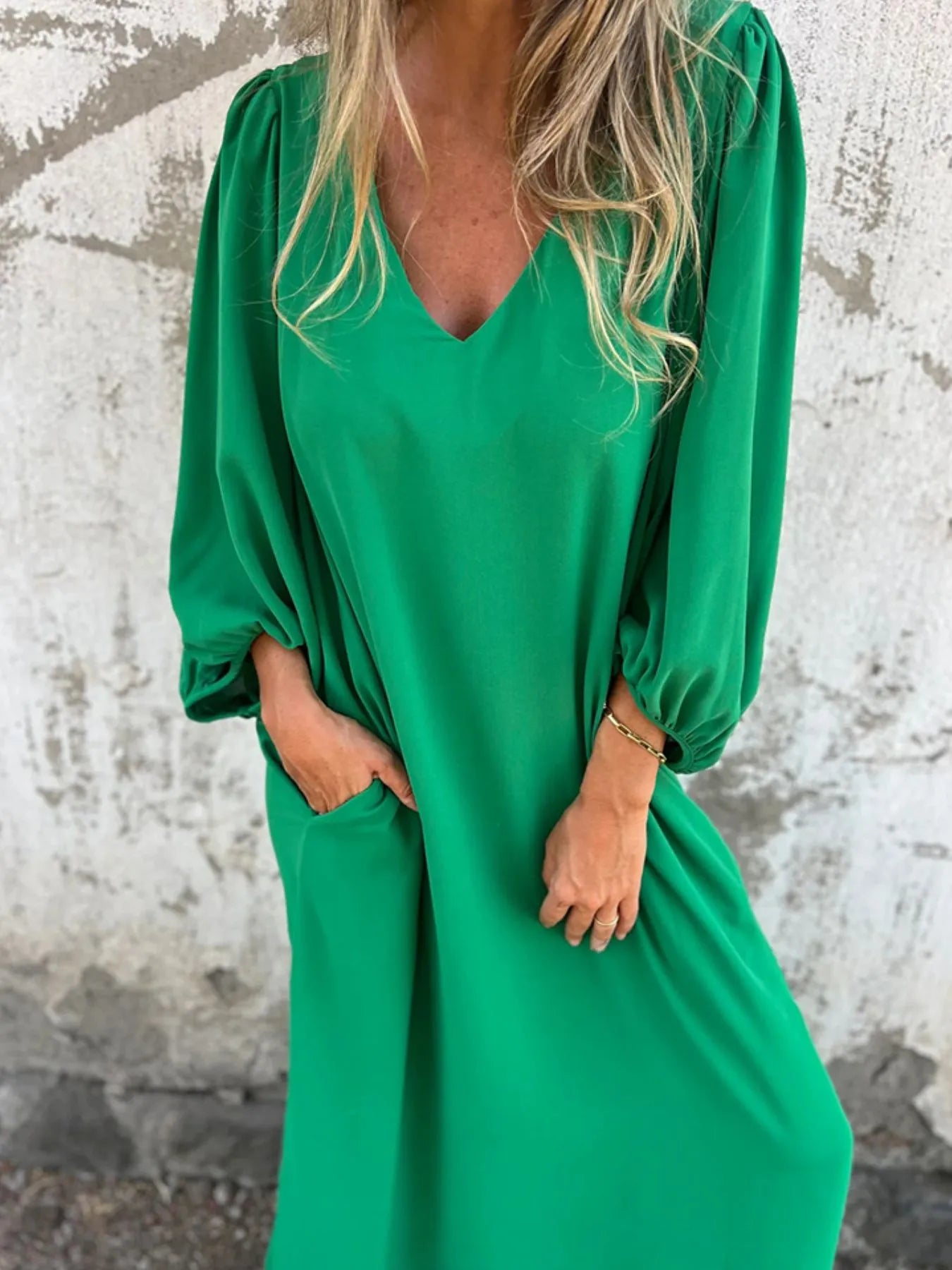 Full Size Slit V-Neck Balloon Sleeve Midi Dress Plus Size