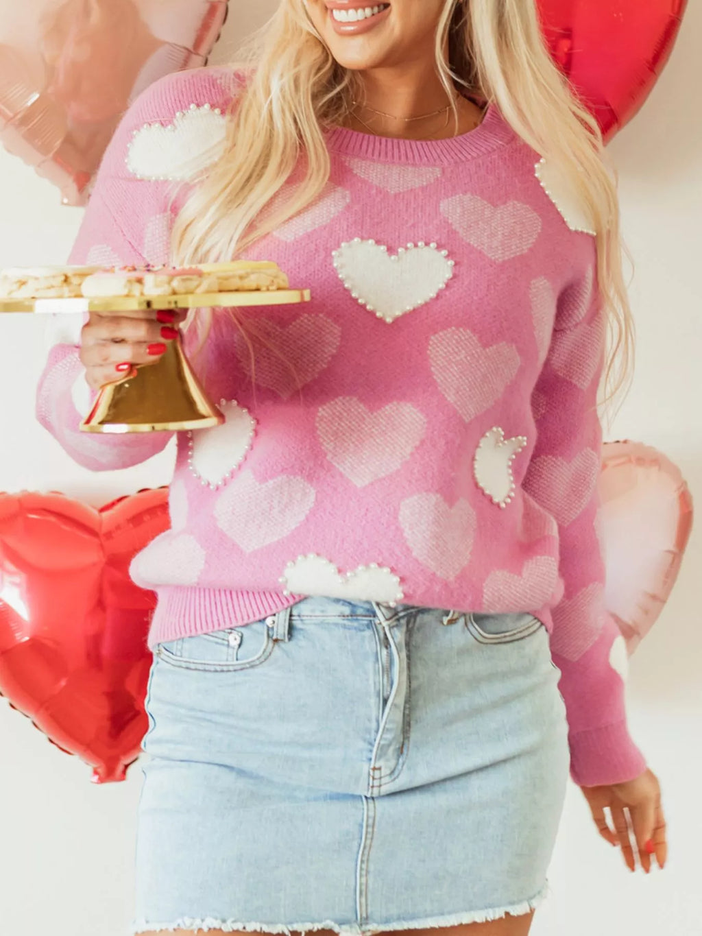 Pearled Heart Print Valentines Crew Neck Sweater