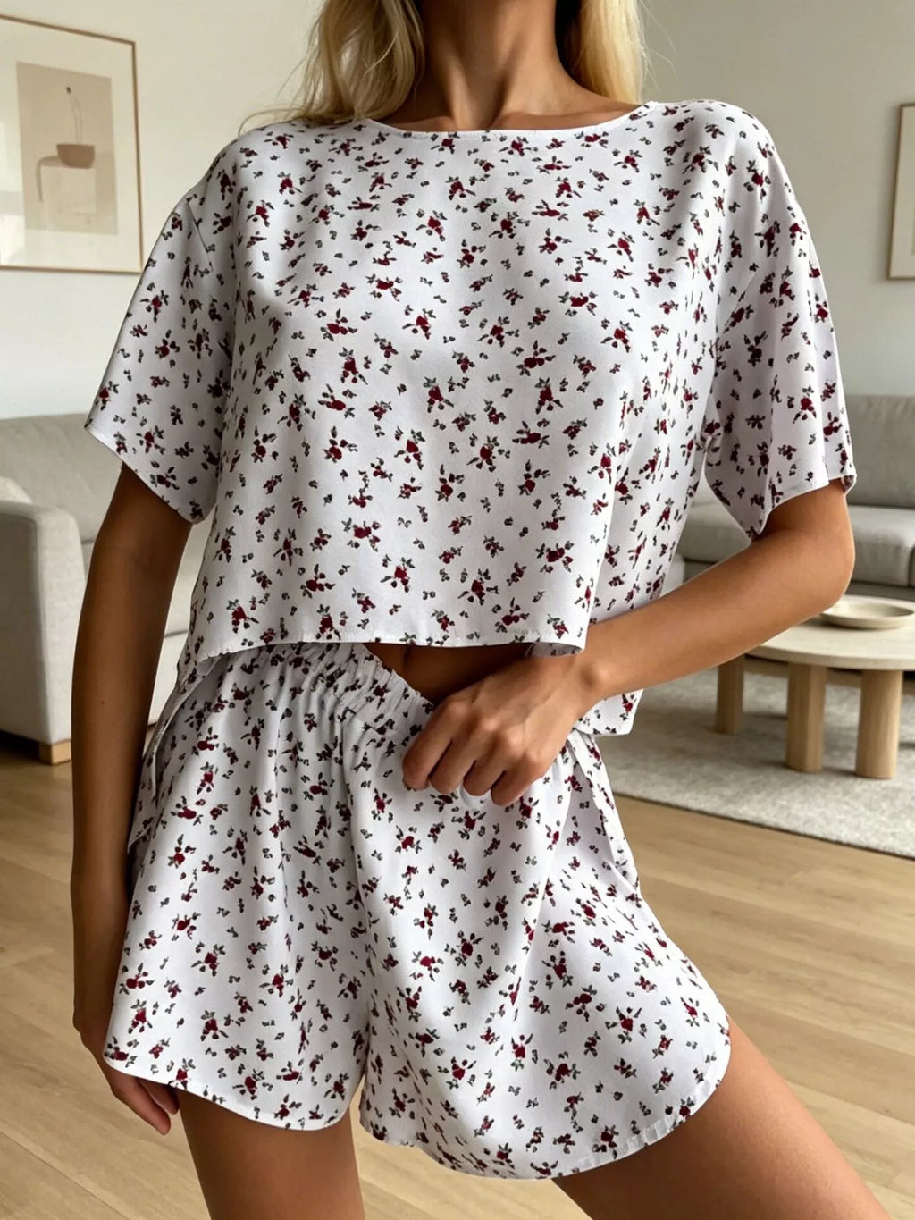 Floral Print Relaxed Fit Top and Shorts Lounge Set