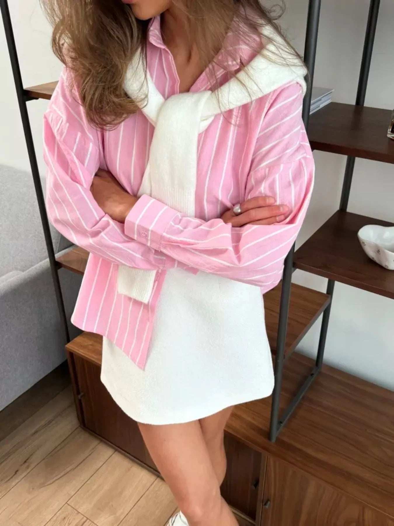 Button Down Striped Collared Neck Long Sleeve Shirt