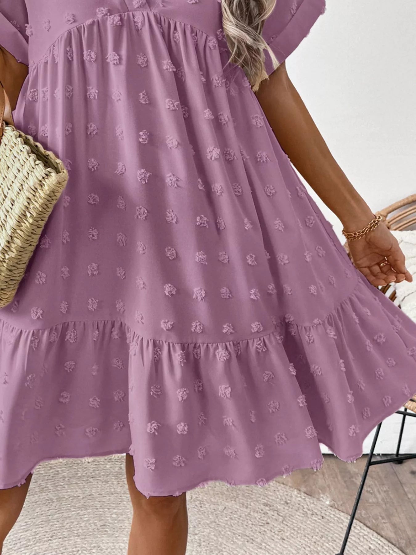 Swiss Dot V-Neck Tiered Mini Dress