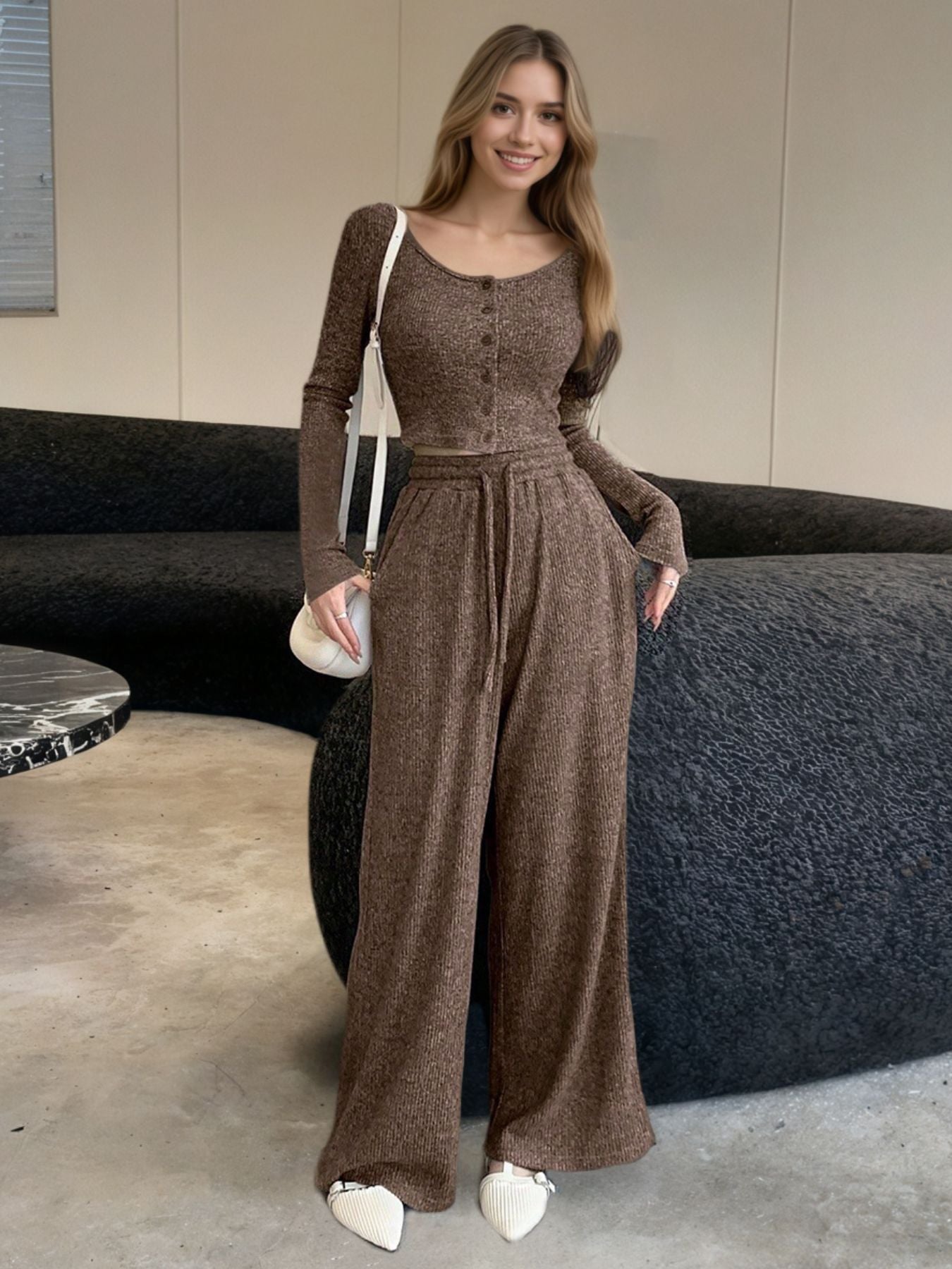 Casual Knit Long Sleeve Top and Wide Leg Pants Set